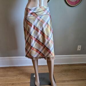 Vintage Y2K Intuitions Silk Skirt Plaid Lace Hem Dark Academia Whimsygoth Size 8